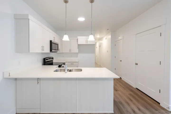 Modern kitchen featuring white cabinetry, a large kitchen island with a built-in sink, stainless steel appliances, and sleek pendant lighting