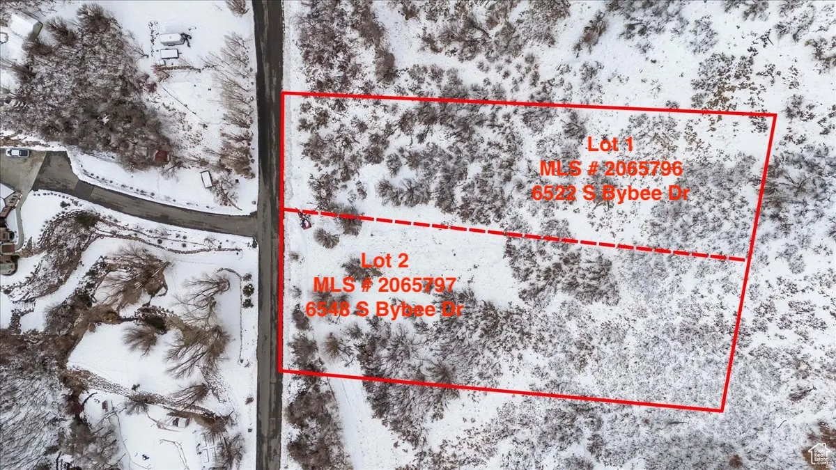 Snowy aerial view featuring property boundaries highlighted