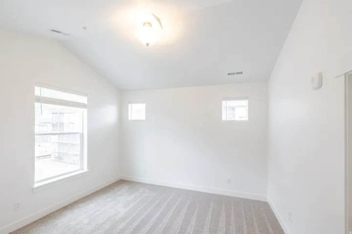 Vaulted ceiling with an overhead light fixture, carpeted flooring, and multiple windows