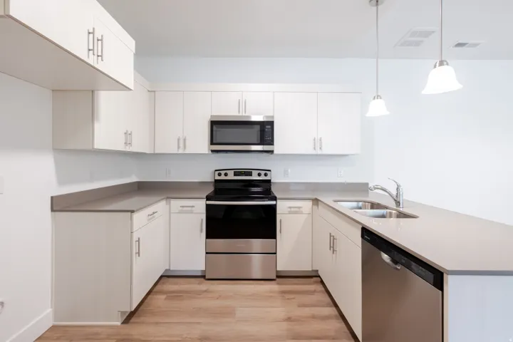 U-shaped kitchen featuring white cabinetry, gray countertops, stainless steel appliances, and wood-finish flooring