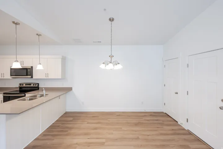 Open-concept kitchen and dining area featuring light wood-finish flooring