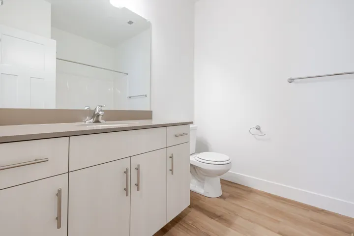 Bathroom featuring a vanity with an integrated sink, a large wall-mounted mirror, and wood-finish flooring