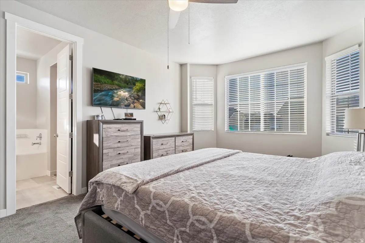 Bedroom with multiple windows, carpet, a ceiling fan, and a textured ceiling