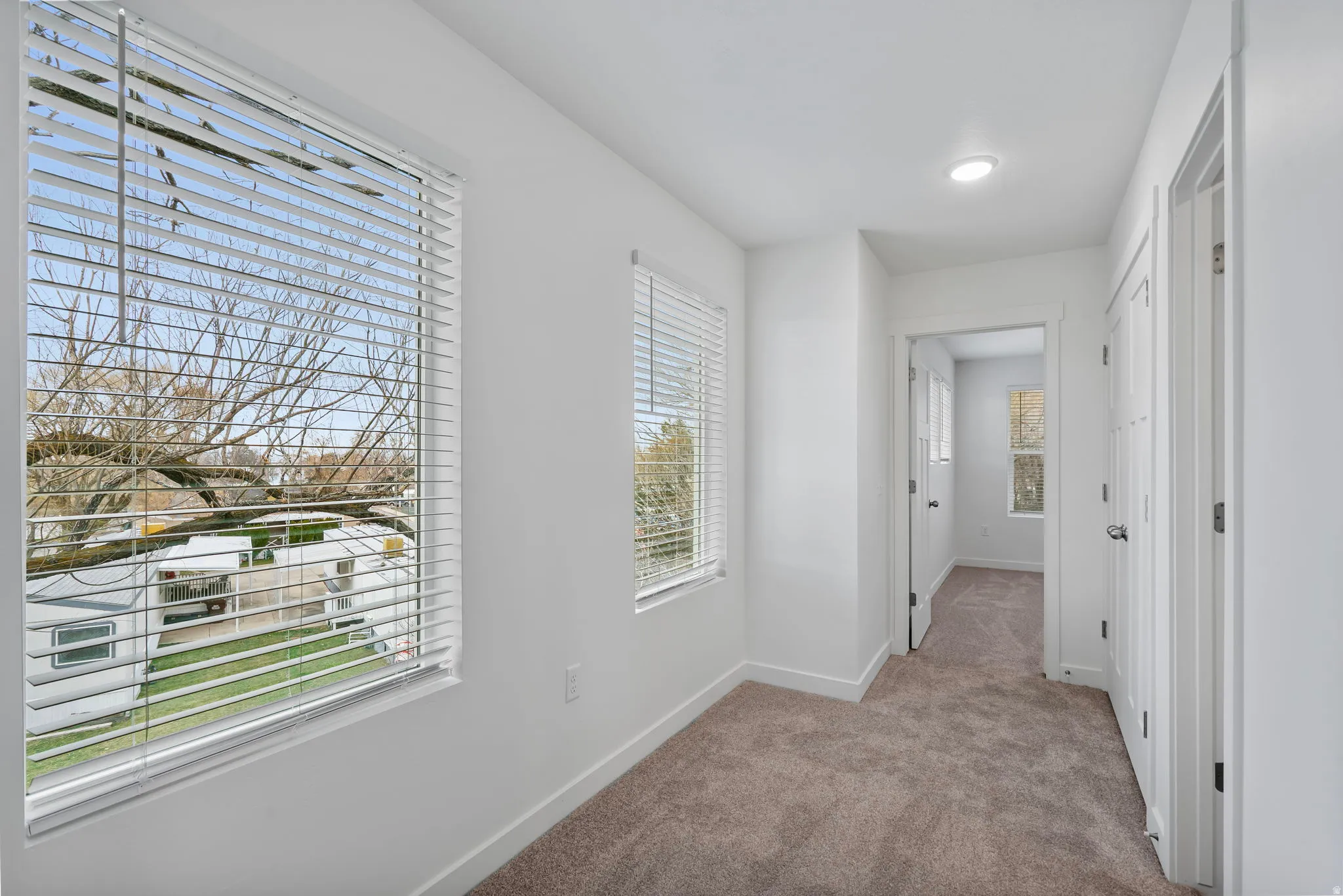 Hallway with carpet, baseboards and natural light.
