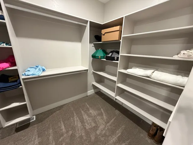 Walk in closet with dark carpet