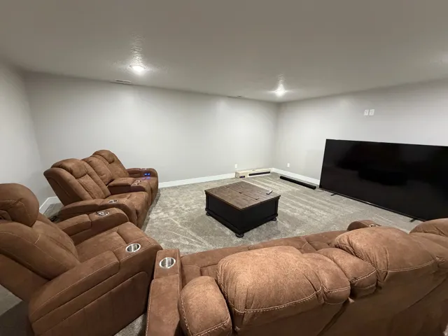 Living area with carpet floors and a baseboard heating unit