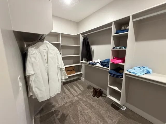 Spacious closet with dark carpet