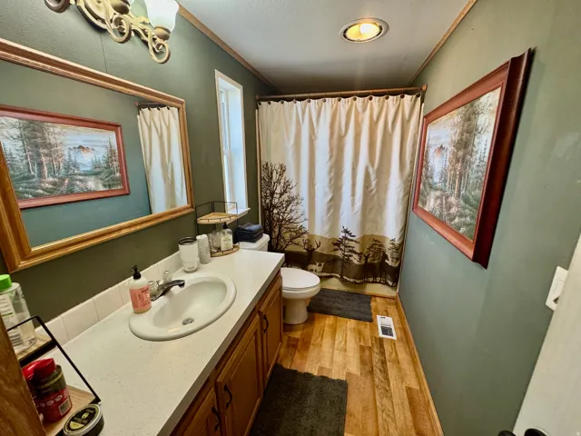 Bathroom featuring vanity, a shower with shower curtain, light wood-style floors, and a textured ceiling