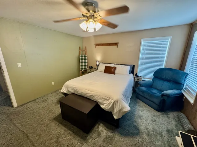 Carpeted bedroom featuring ceiling fan and multiple windows