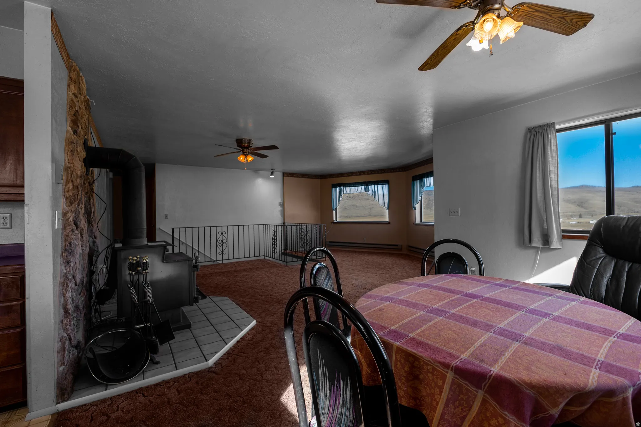 Dining area with a ceiling fan, a wood stove, carpet floors, and a baseboard radiator