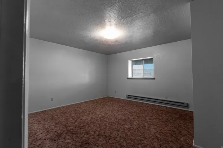 Empty room featuring a textured ceiling, baseboard heating, and carpet