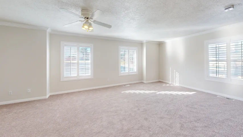 Carpeted spare room with crown molding, a textured ceiling, and ceiling fan