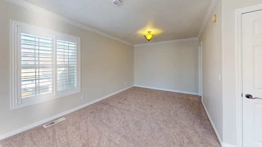 Empty room featuring light carpet, ornamental molding, and a textured ceiling