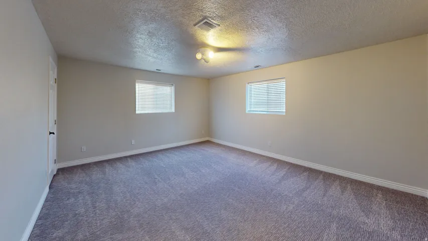 Empty room featuring a textured ceiling, carpet flooring, and healthy amount of natural light