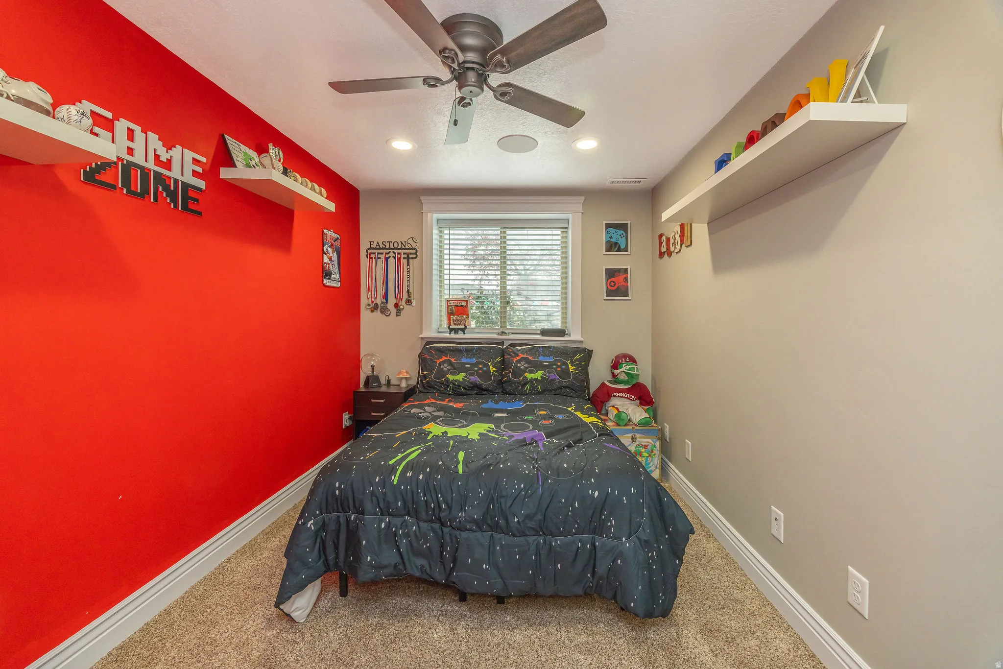 Bedroom featuring carpet floors, a ceiling fan, and recessed lighting
