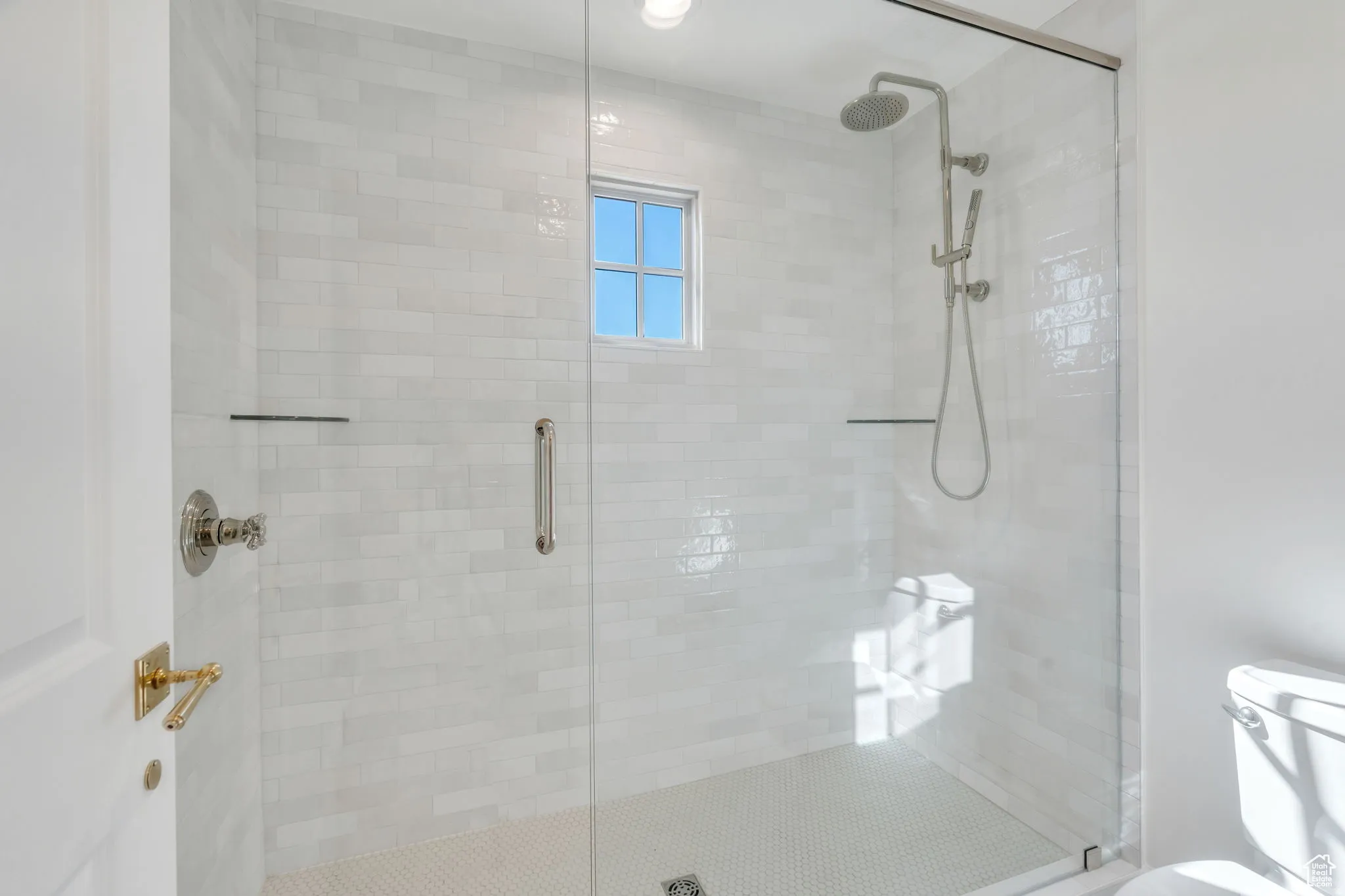 Beautiful master bath walk-in shower with Euro-glass doors