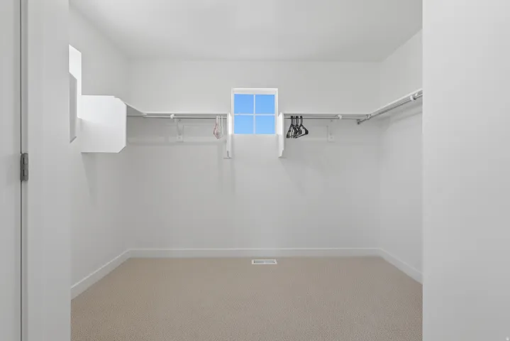 Primary Suite Walk in closet featuring light colored carpet