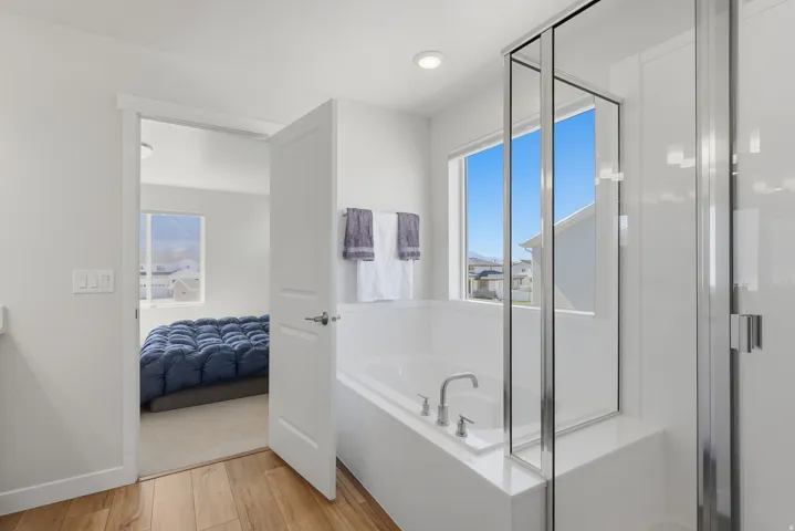 Primary Suite Bathroom featuring connected bathroom, light wood-type flooring, a shower stall, a bath, and recessed lighting