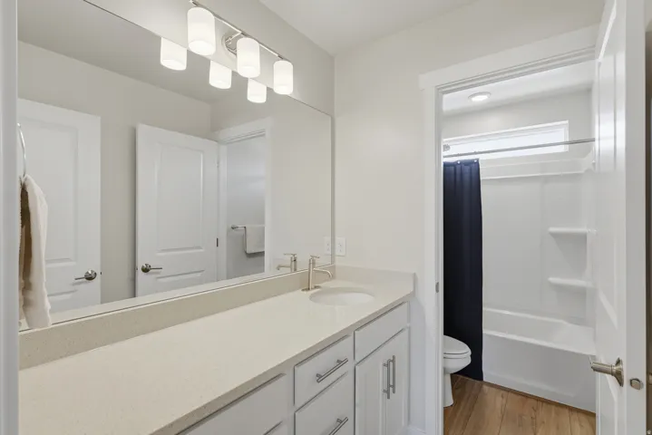 Full bathroom with vanity, light wood-style flooring, and shower / bath combination with curtain