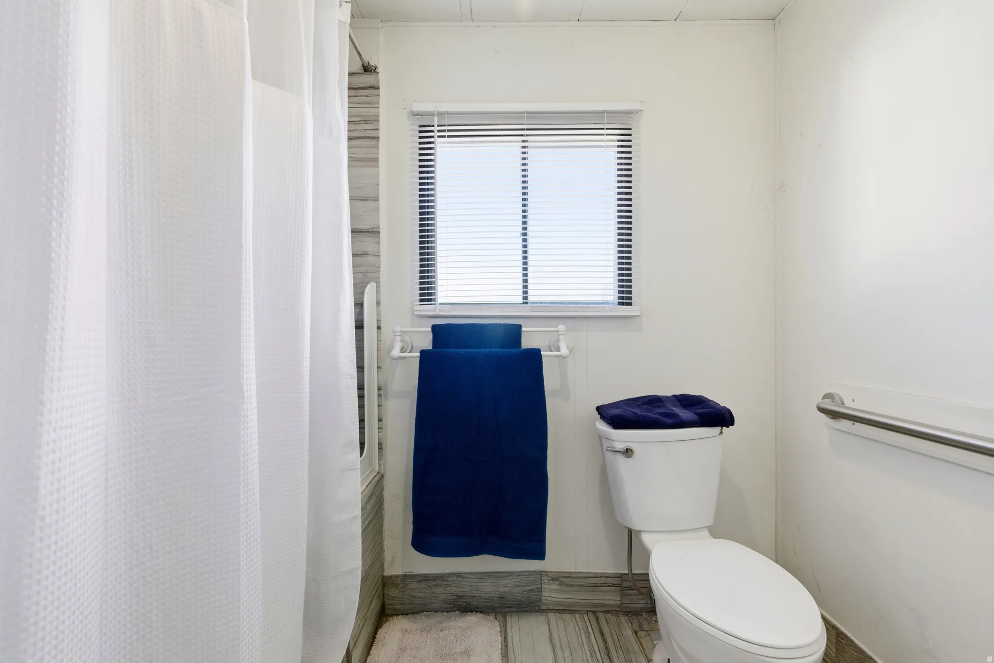 Bathroom featuring a shower with curtain and toilet