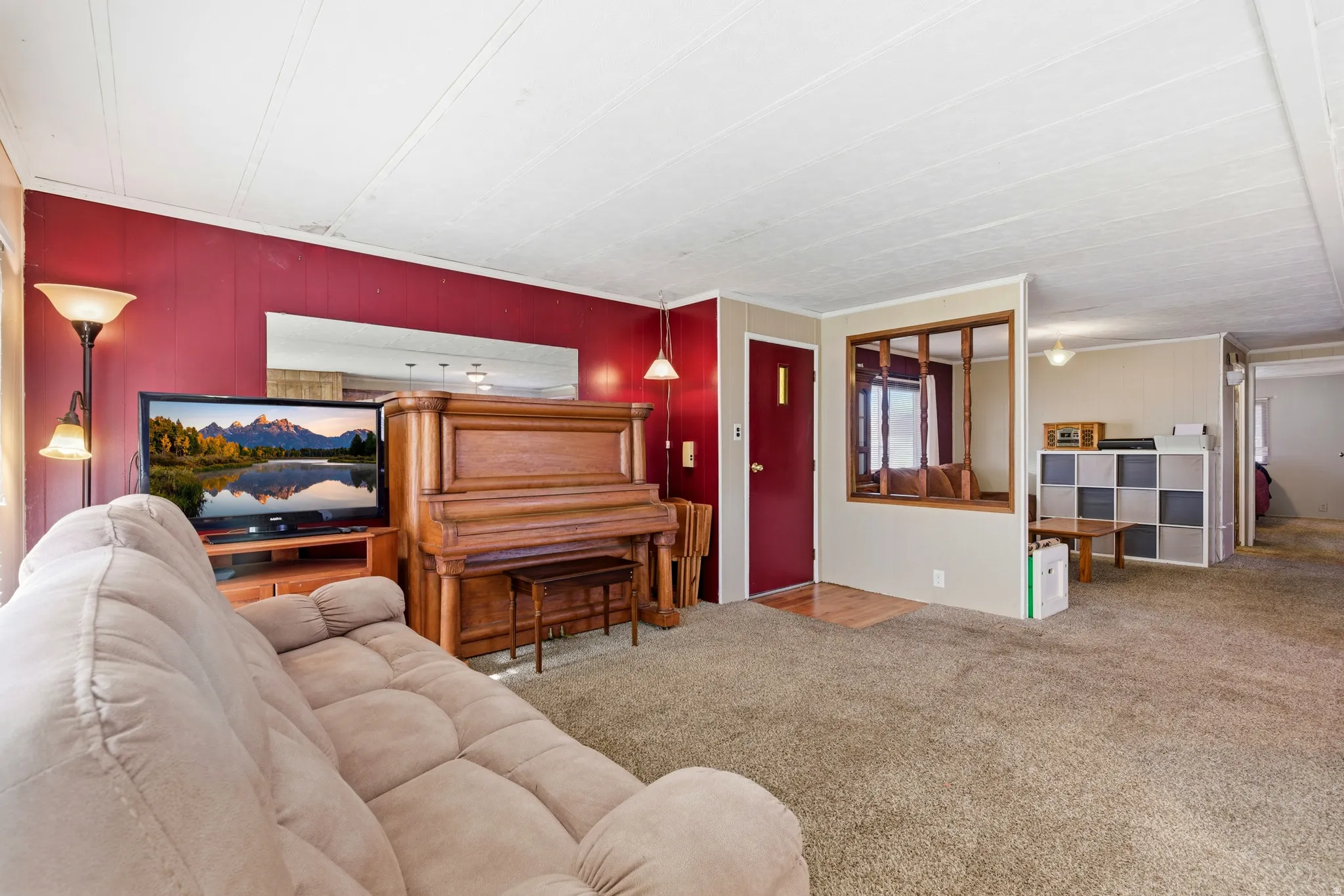 Carpeted living room featuring wood walls