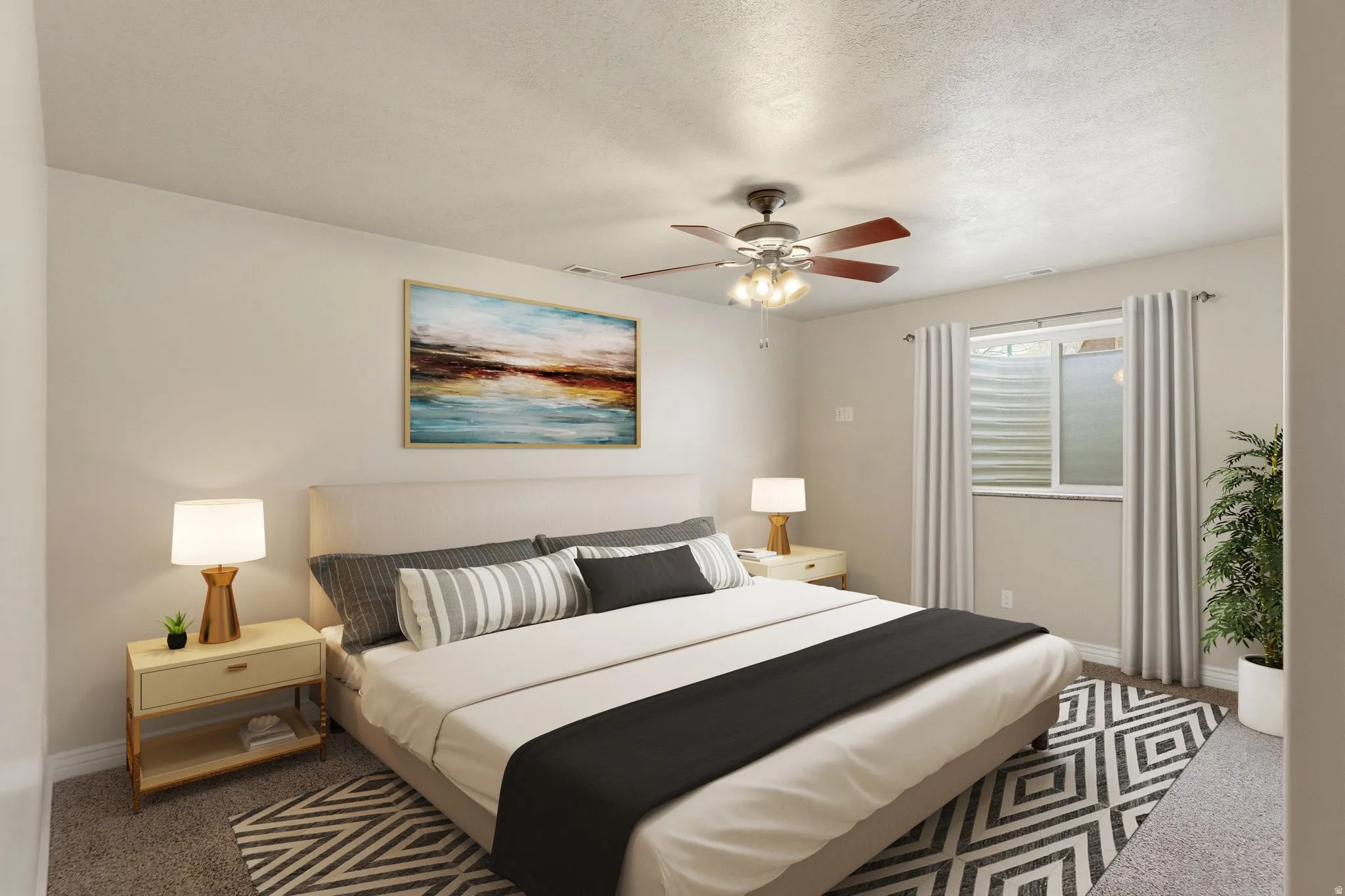 ADU Large Bedroom featuring carpet, a textured ceiling, and ceiling fan(virtual staging)