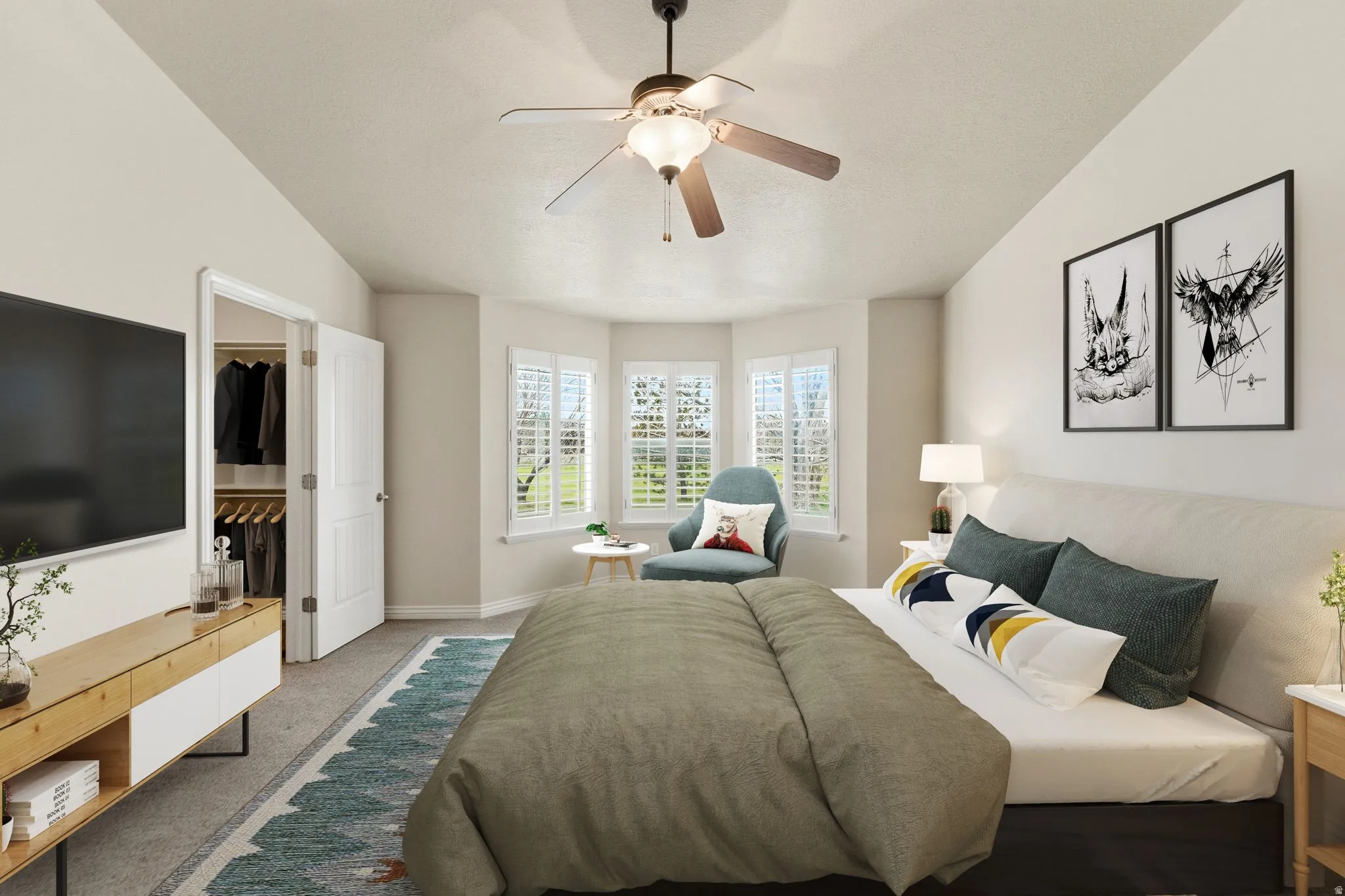New Carpeted bedroom, ensuite bathroom walk in closet (virtual staging)
