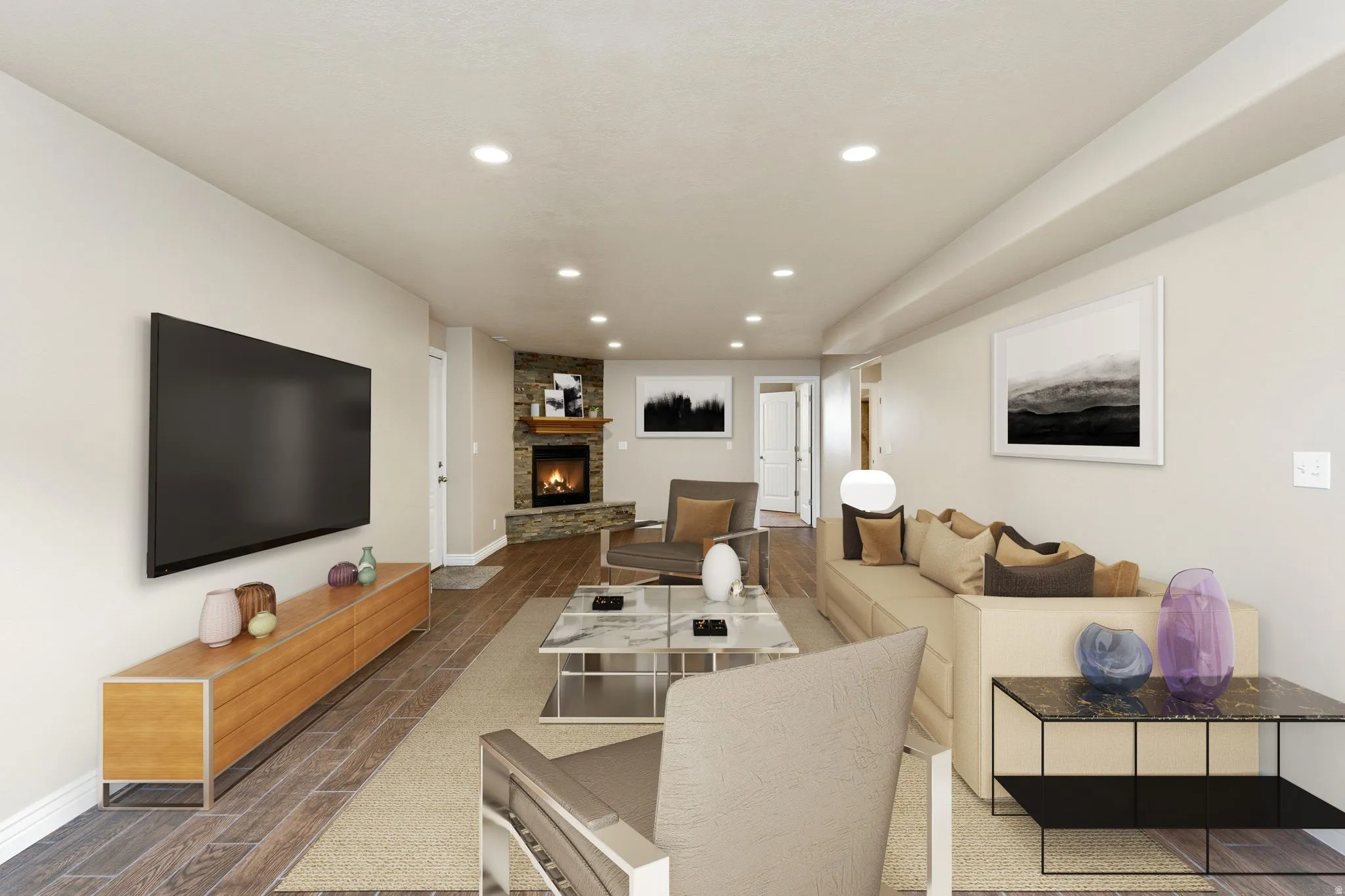 ADU largeLiving area with recessed lighting, a fireplace, and wood tiled floors(virtual staging)