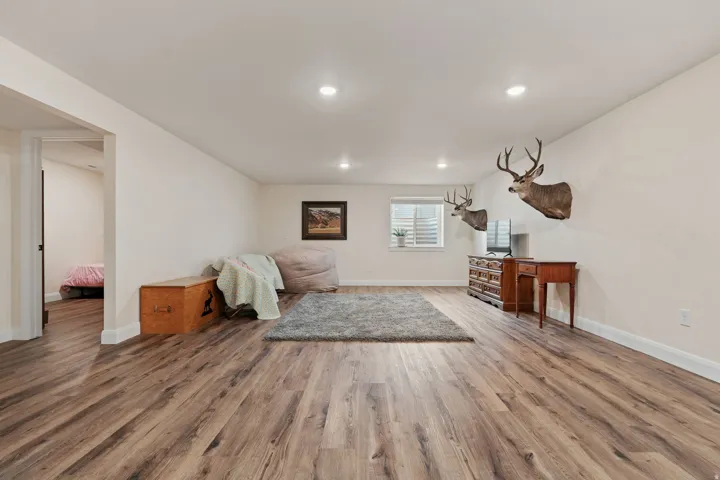 Sitting room with light wood-style floors and recessed lighting