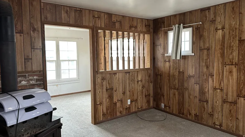 Interior space with wood walls, a wood stove, and carpet