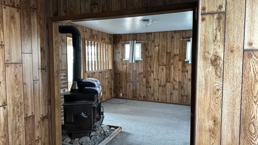 Office space featuring a wood stove, wood walls, and carpet flooring