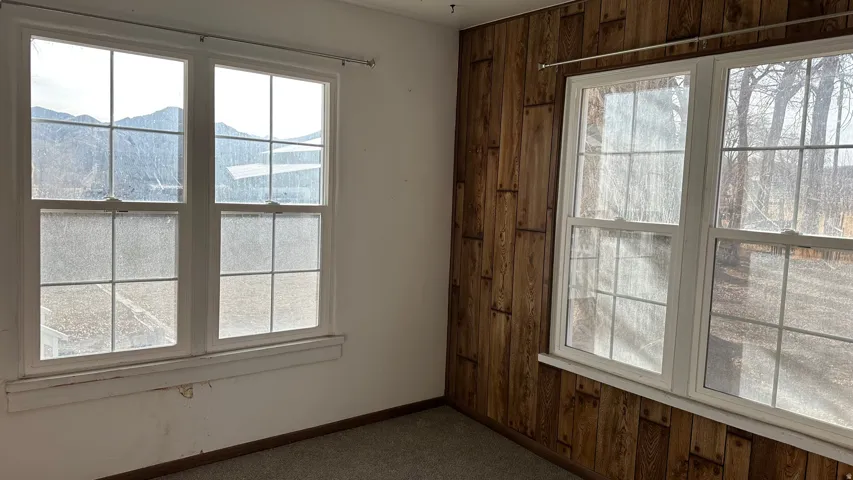 Spare room with plenty of natural light, dark carpet, and wood walls
