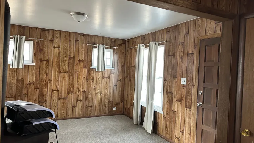 Unfurnished room featuring wooden walls and carpet flooring