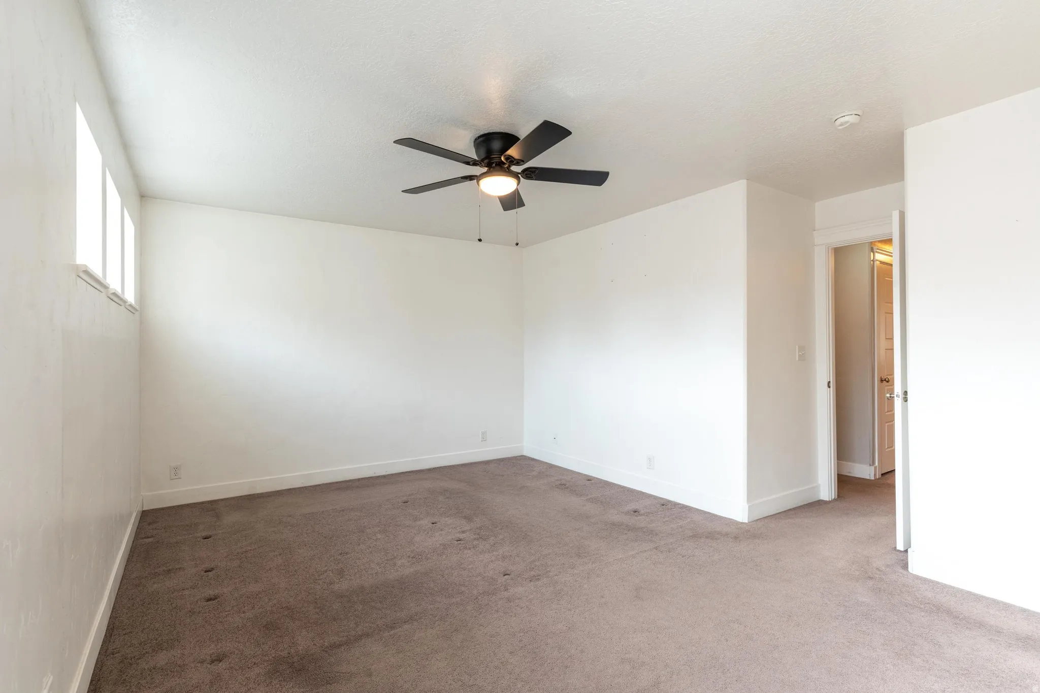 Extra large primary room featuring a ceiling fan and baseboards
