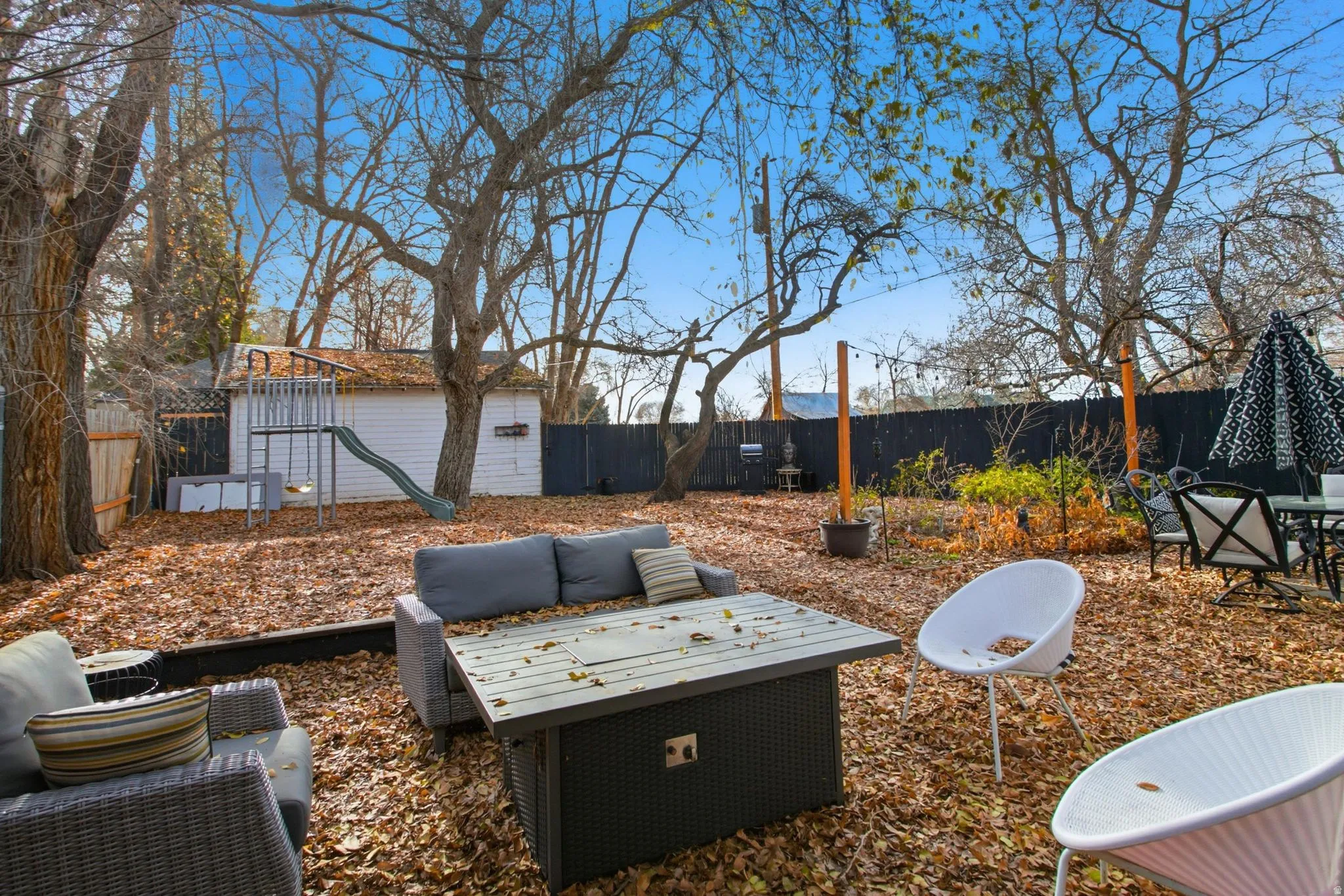 Fenced backyard featuring a patio