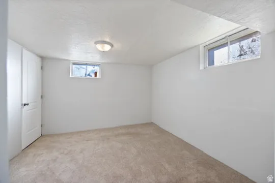 Basement featuring a textured ceiling and carpet floors