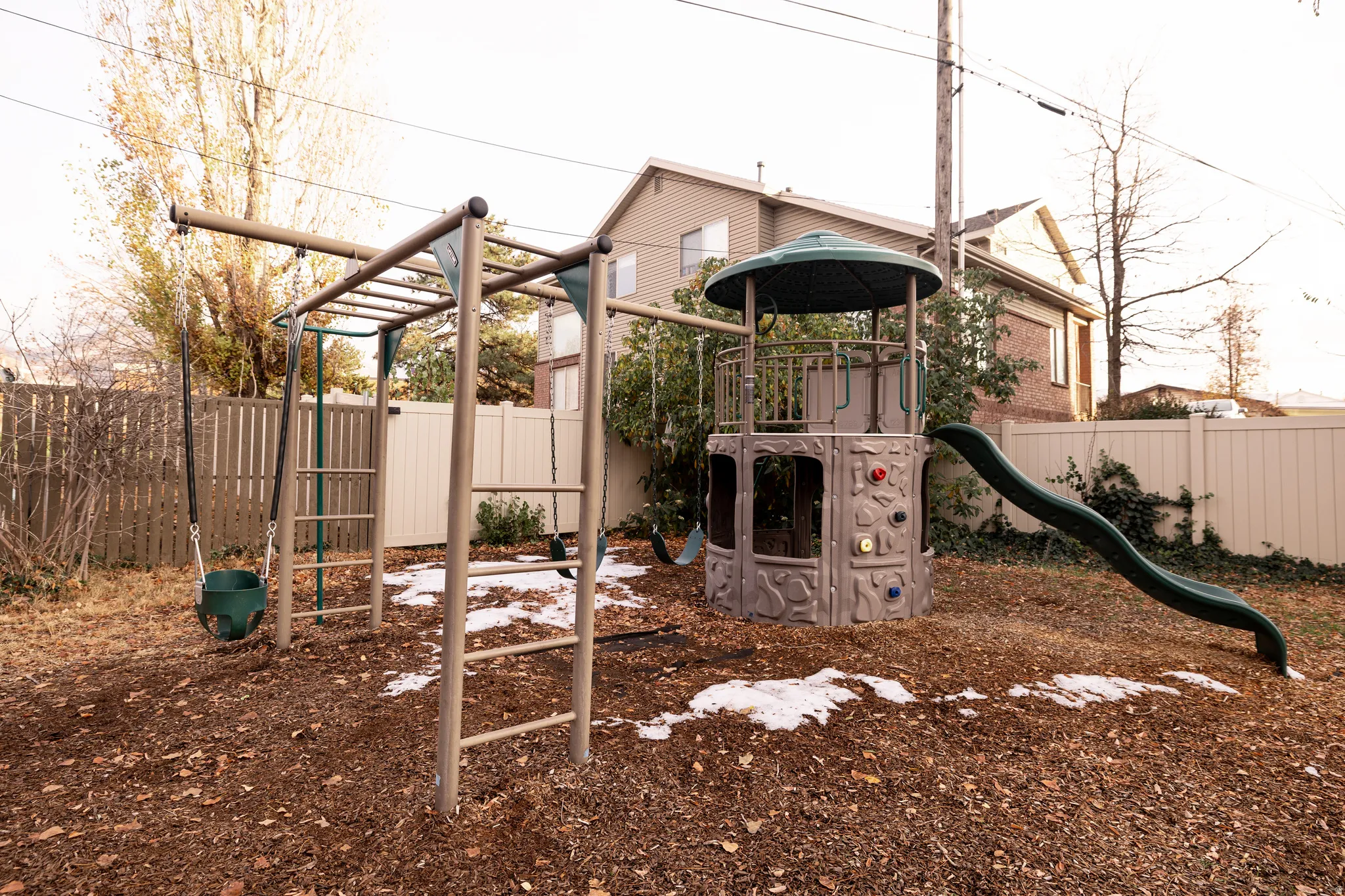 View of playground with a fenced backyard