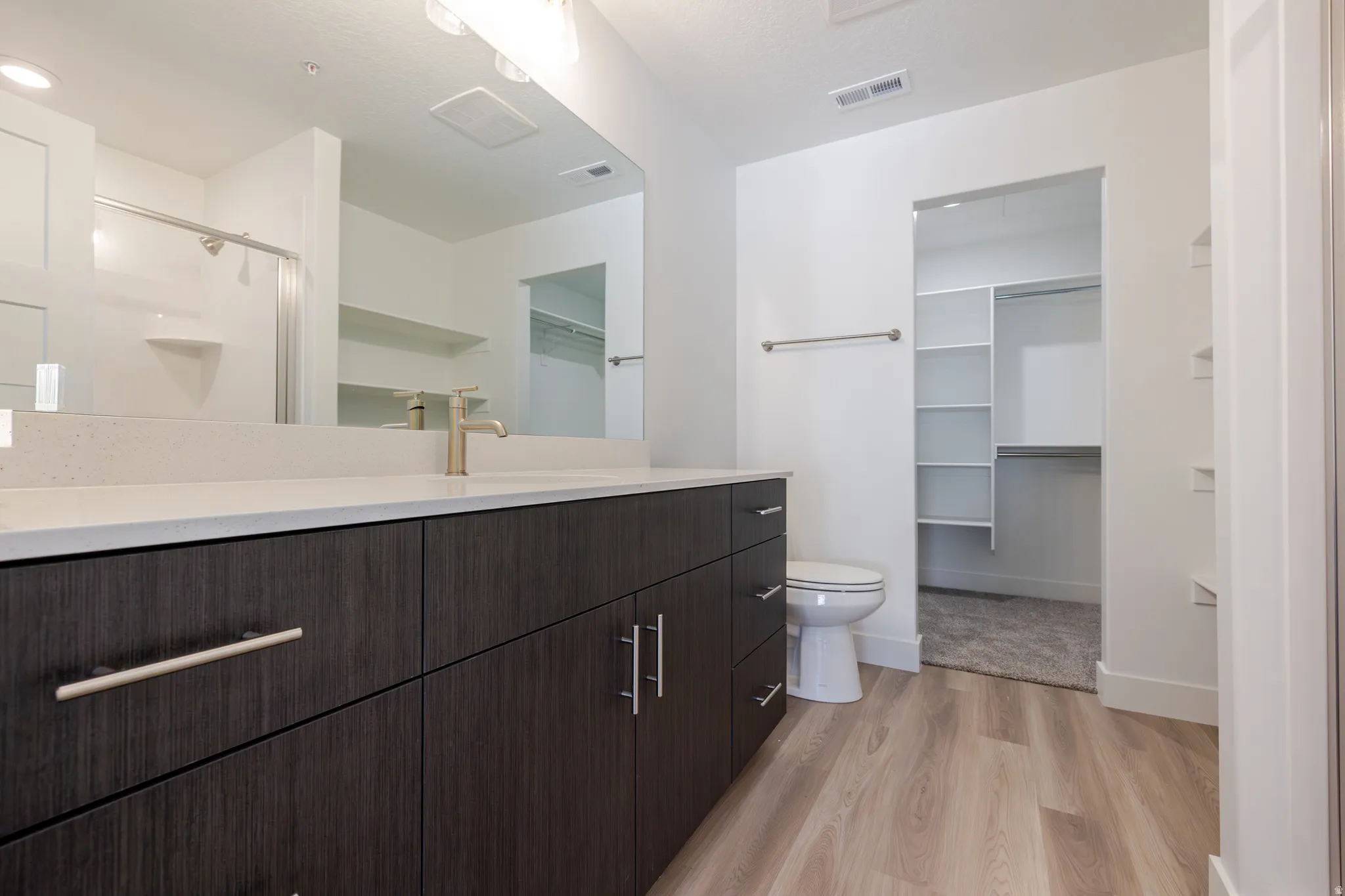 Bathroom featuring a spacious closet, a shower stall, vanity, and light wood-style floors