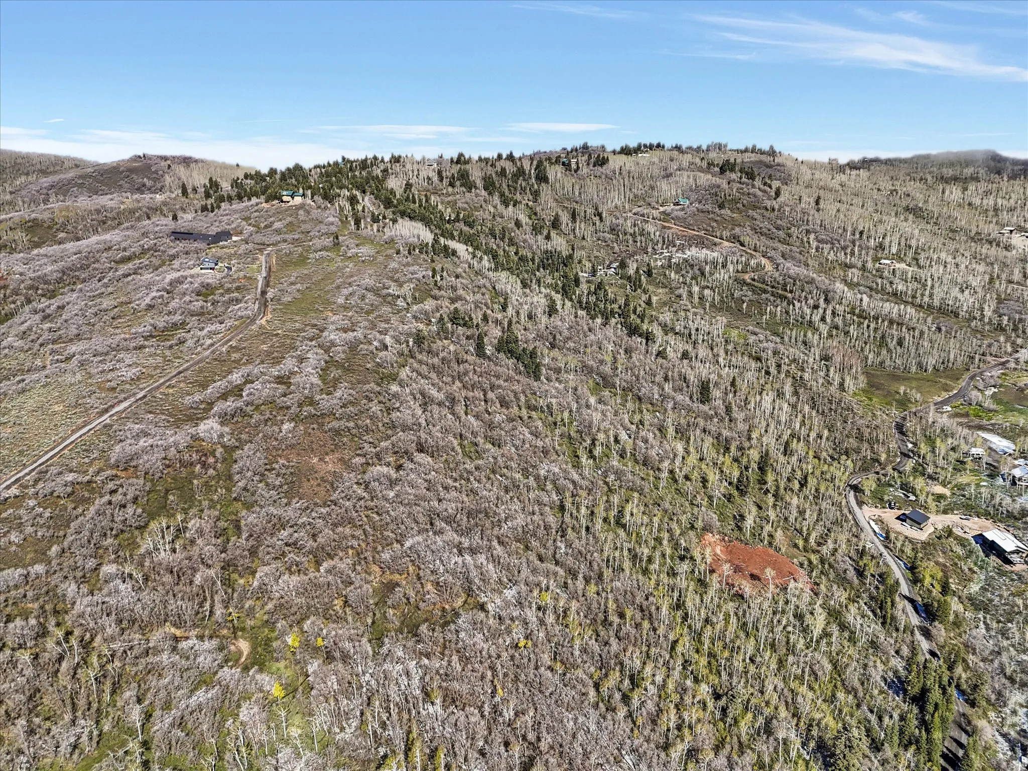 Expansive mountainous terrain featuring diverse tree cover, a visible dirt road, and multiple residential structures