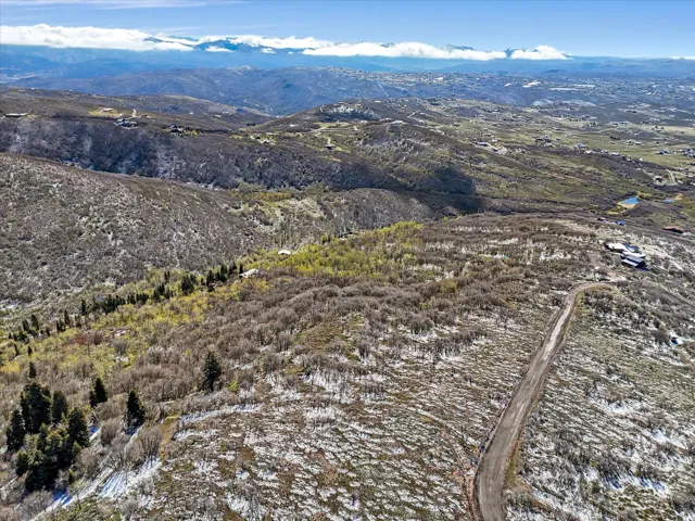 Expansive mountain property featuring a winding dirt road, scattered evergreen trees, and distant residential structures