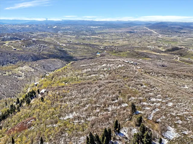 Expansive aerial landscape featuring rolling hills, scattered deciduous trees, and distant mountains