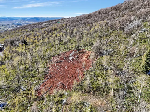 Expansive mountain lot featuring a cleared building site, mature deciduous trees, evergreen foliage, and distant valley scenery