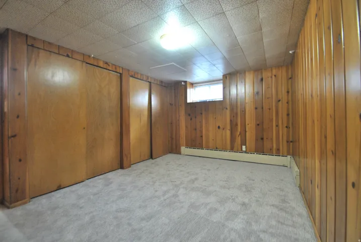 Basement featuring wood walls, a baseboard heating unit, and light carpet