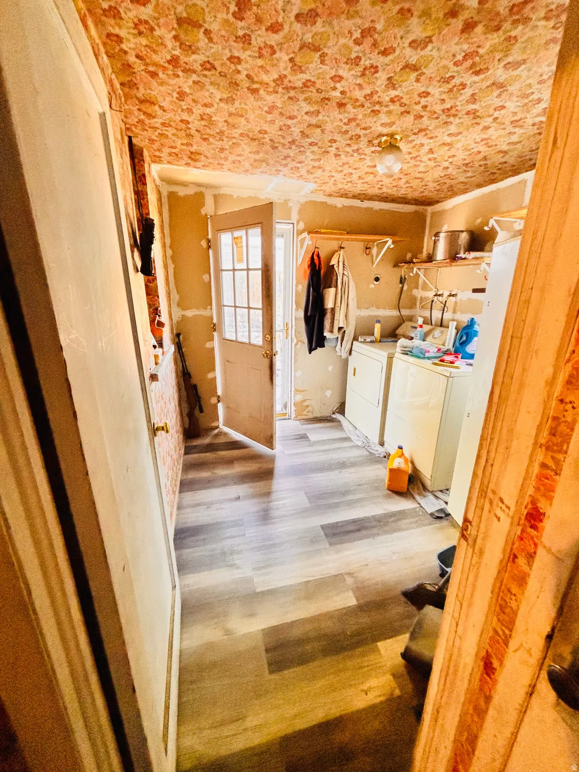 Wood-finish flooring with a multi-paneled door