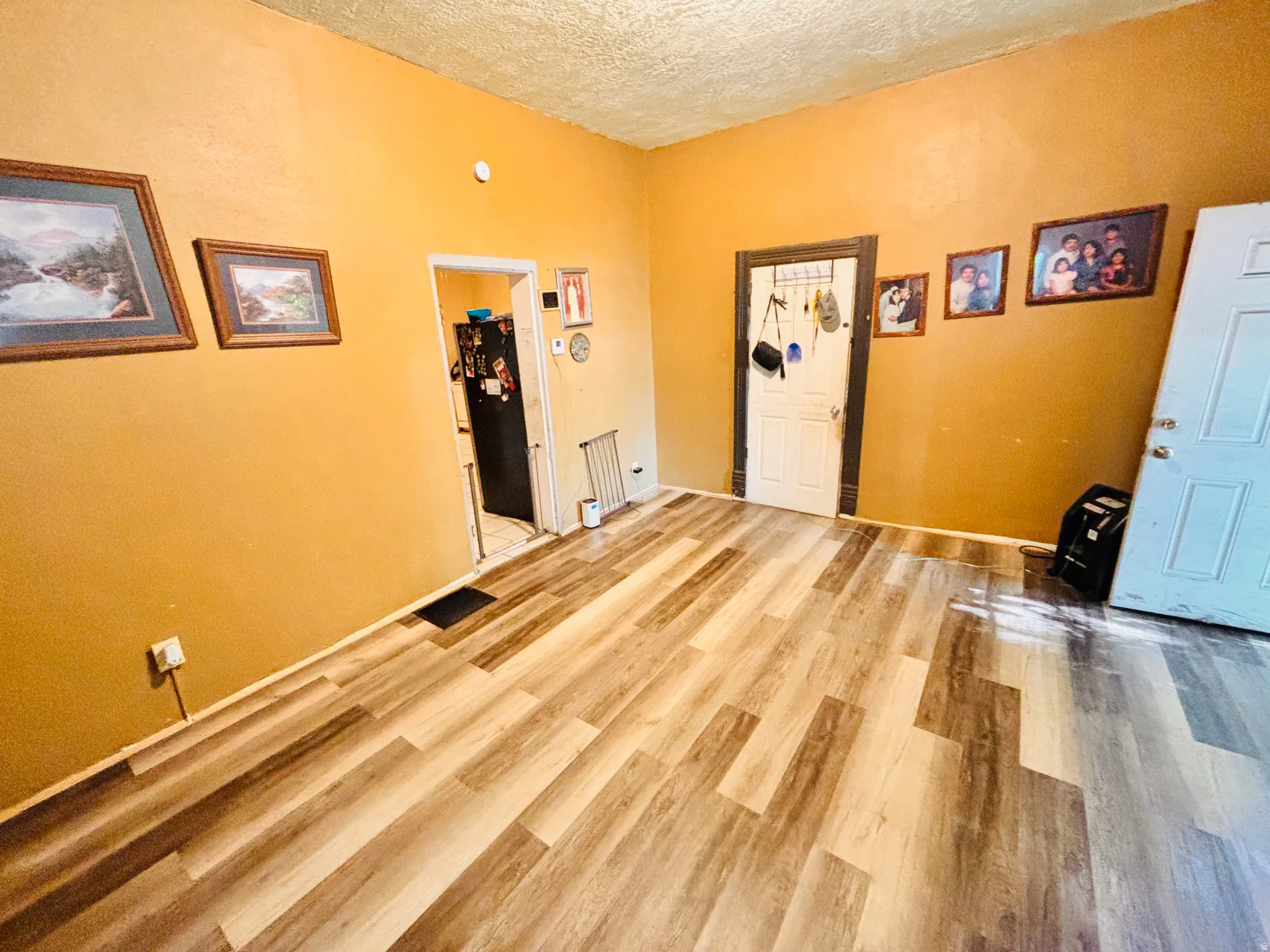Wood-finish flooring throughout, solid panel interior doors, and a doorway opening to an adjacent space