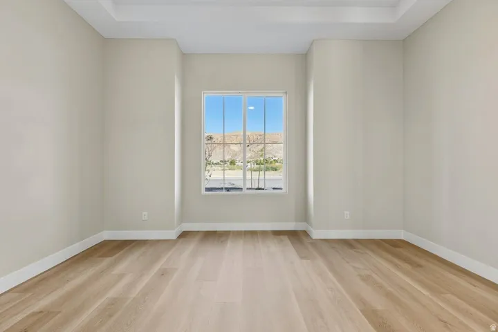 Empty room featuring light wood-style flooring and a raised ceiling
