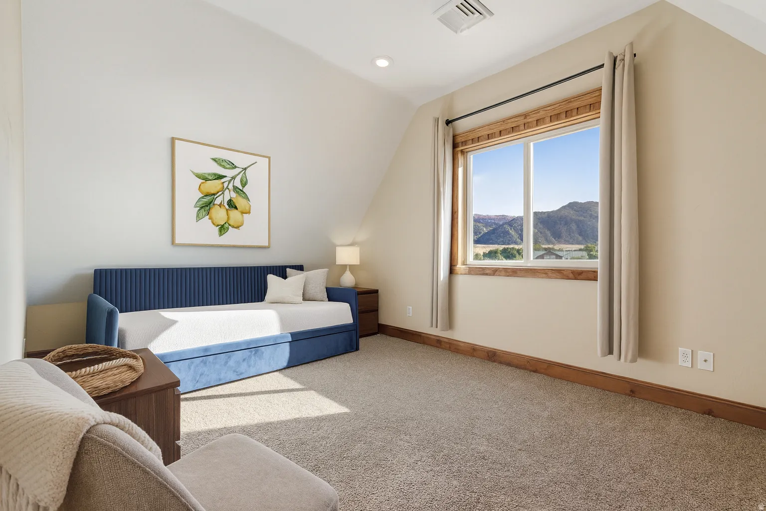 Bedroom with vaulted ceiling, carpet floors, a mountain view, and recessed lighting