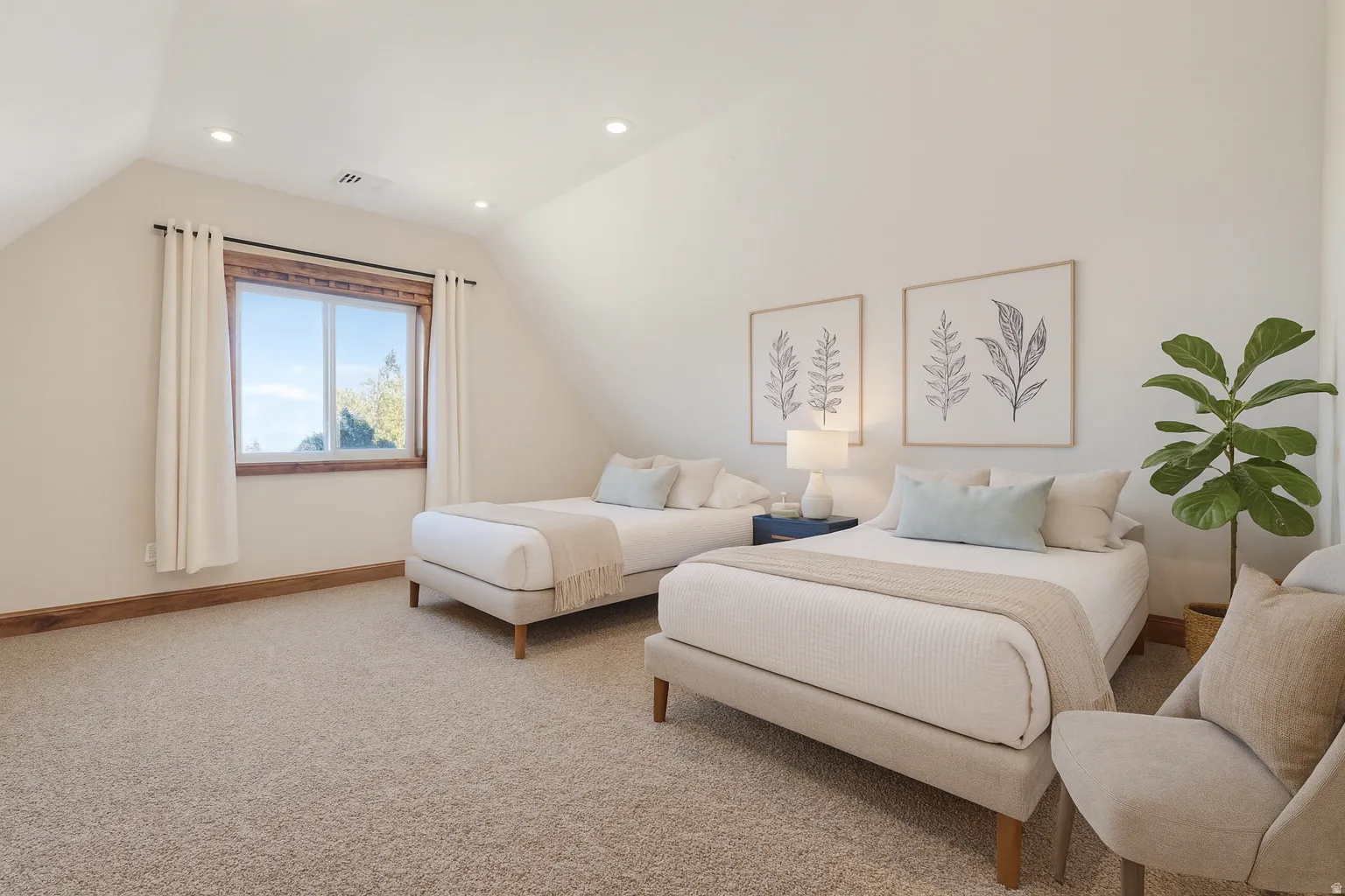 Bedroom featuring vaulted ceiling, light carpet, and recessed lighting
