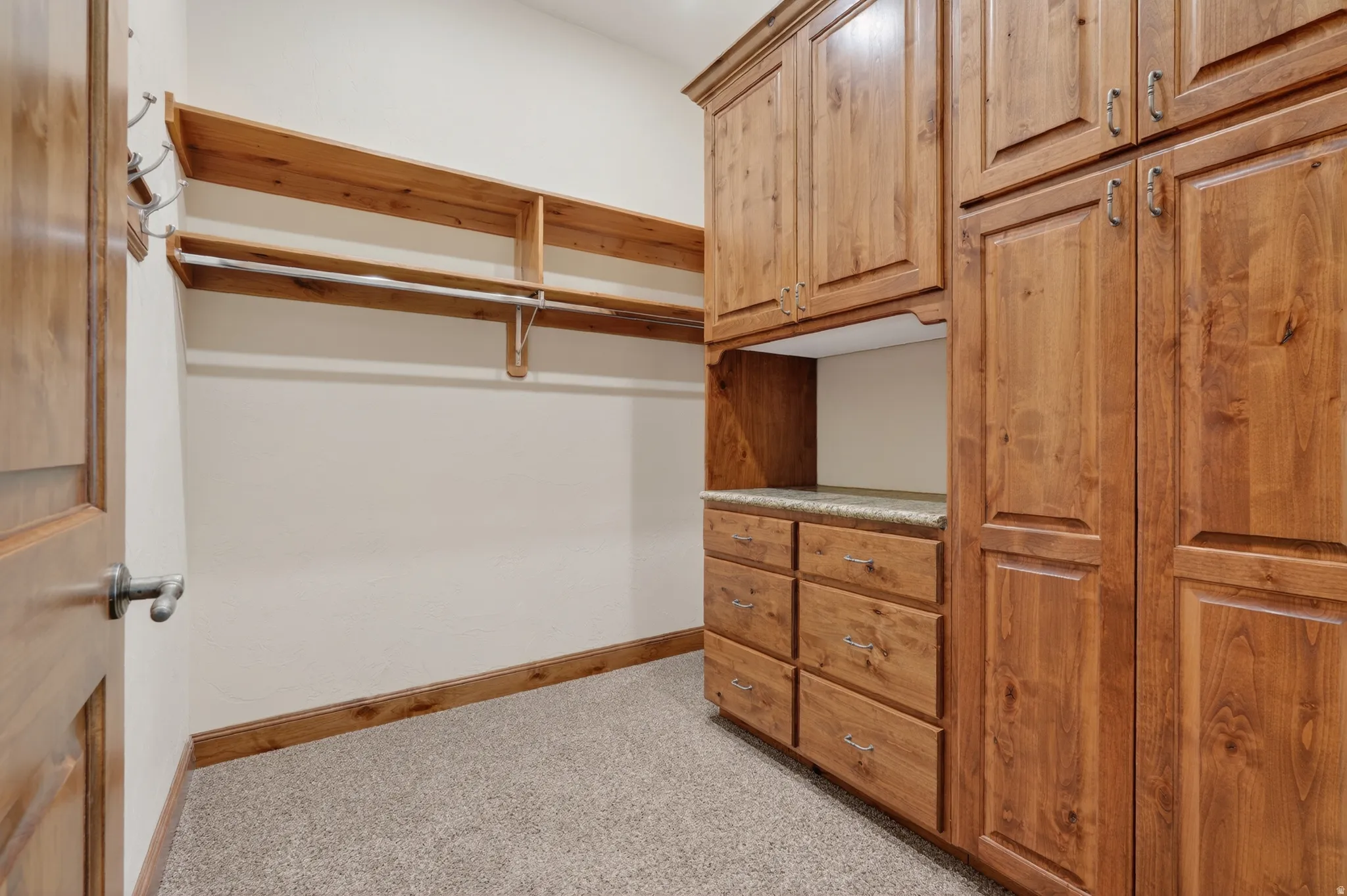Spacious closet featuring light carpet