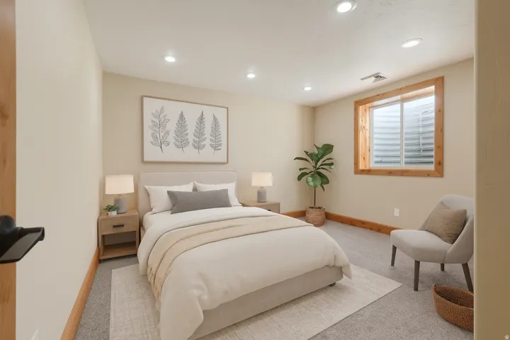 Bedroom with carpet floors and recessed lighting